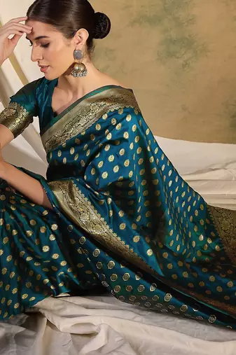 teal blue banarasi art silk saree with sophisticated weaving details 