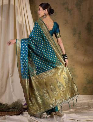 teal blue banarasi art silk saree with sophisticated weaving details  4