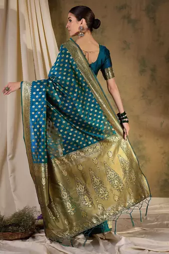 teal blue banarasi art silk saree with sophisticated weaving details 