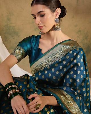 teal blue banarasi art silk saree with sophisticated weaving details  5