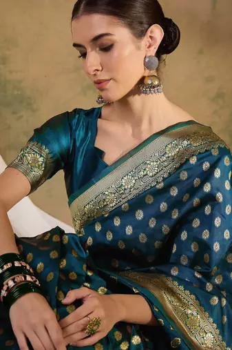 teal blue banarasi art silk saree with sophisticated weaving details 