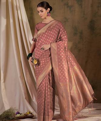 peach banarasi art silk saree with minimalist weaving elegance  1
