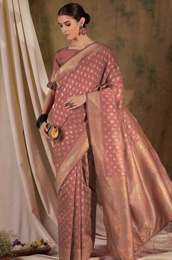 peach banarasi art silk saree with minimalist weaving elegance 