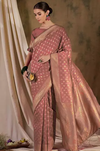 peach banarasi art silk saree with minimalist weaving elegance 