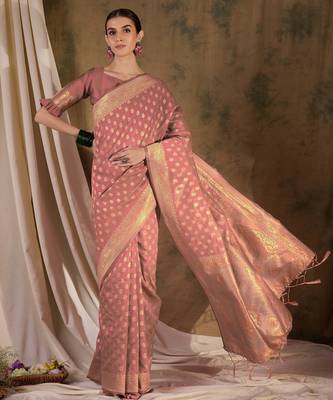 peach banarasi art silk saree with minimalist weaving elegance  2
