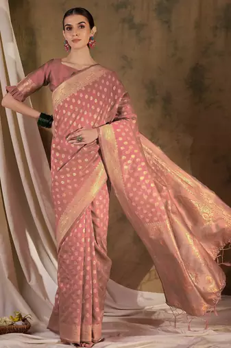 peach banarasi art silk saree with minimalist weaving elegance 