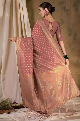 peach banarasi art silk saree with minimalist weaving elegance 