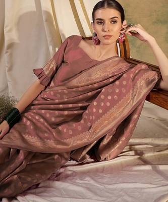peach banarasi art silk saree with minimalist weaving elegance  4