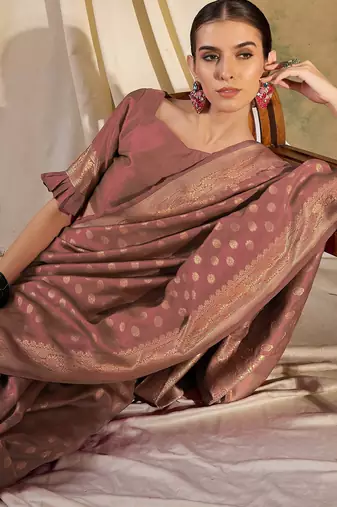 peach banarasi art silk saree with minimalist weaving elegance 