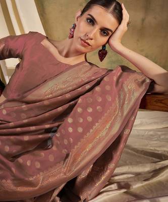 peach banarasi art silk saree with minimalist weaving elegance  5