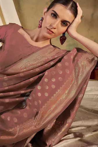 peach banarasi art silk saree with minimalist weaving elegance 