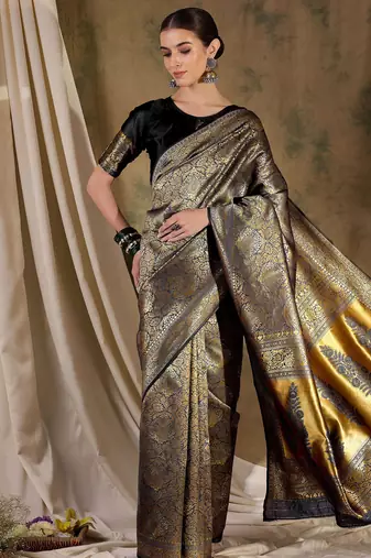 black banarasi art silk saree with bold weaving features 