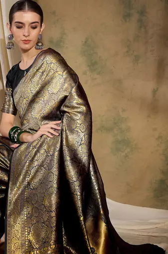 black banarasi art silk saree with bold weaving features 