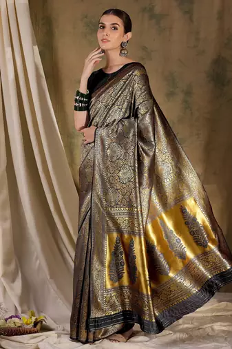 black banarasi art silk saree with bold weaving features 