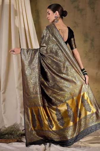 black banarasi art silk saree with bold weaving features 