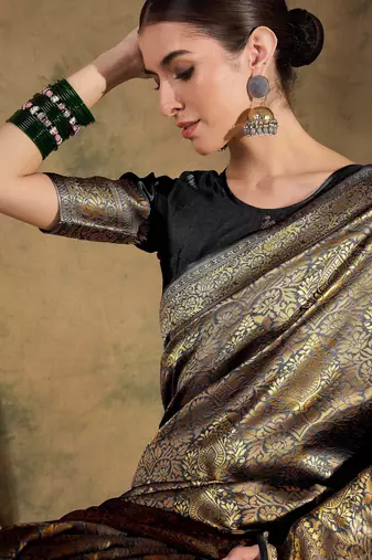 black banarasi art silk saree with bold weaving features 