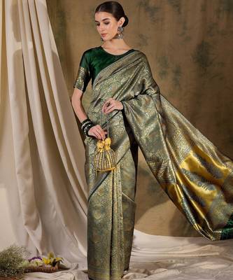 radiant green banarasi art silk saree with fine weaving motifs  1