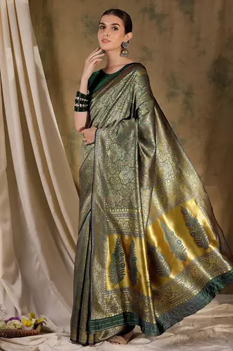 radiant green banarasi art silk saree with fine weaving motifs 