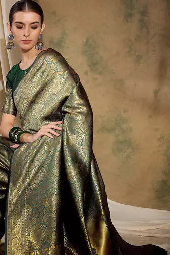 radiant green banarasi art silk saree with fine weaving motifs 