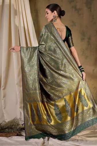 radiant green banarasi art silk saree with fine weaving motifs 