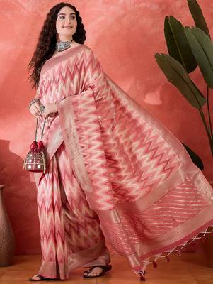 Pink heavy cotton silk saree with beautiful ethnic woven design     1