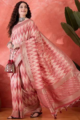 Pink heavy cotton silk saree with beautiful ethnic woven design    