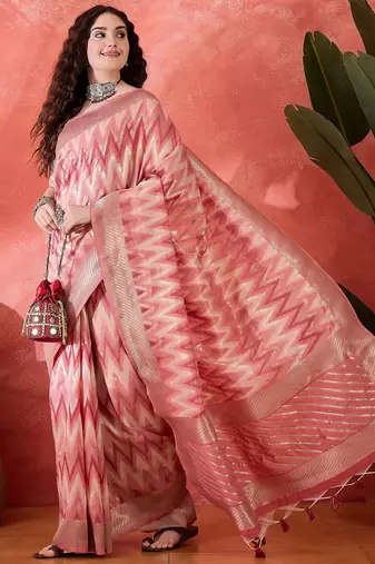 Pink heavy cotton silk saree with beautiful ethnic woven design    
