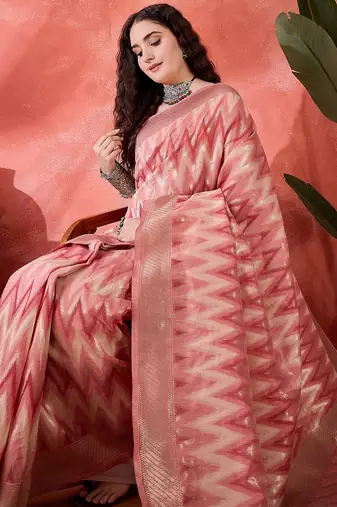 Pink heavy cotton silk saree with beautiful ethnic woven design    