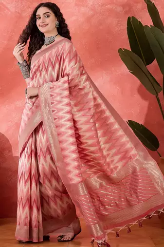 Pink heavy cotton silk saree with beautiful ethnic woven design    