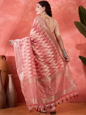 Pink heavy cotton silk saree with beautiful ethnic woven design     4