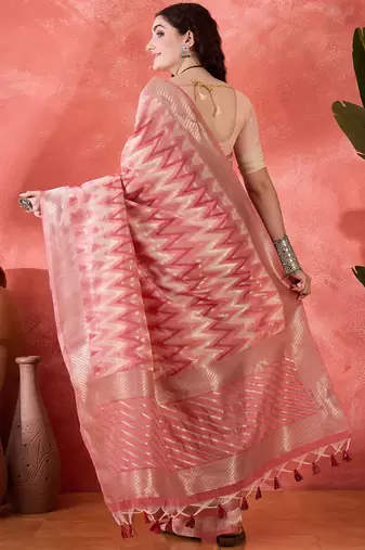 Pink heavy cotton silk saree with beautiful ethnic woven design    
