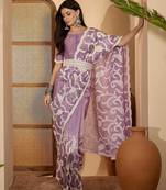 lavender gold crush art silk embroidered saree with belt white thread work festive designer saree