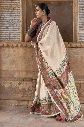 Cream printed silk festival classic saree