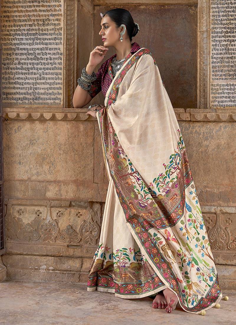 Cream printed silk festival classic saree