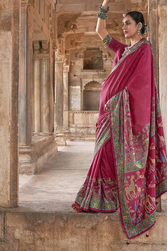 Dark hot pink printed silk festival classic saree