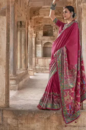 Dark hot pink printed silk festival classic saree
