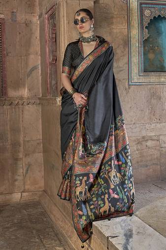 Black printed silk festival classic saree