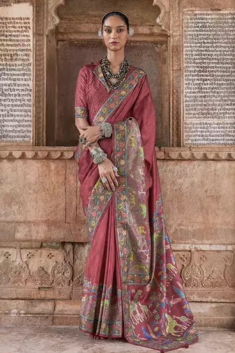Rust printed silk festival classic saree