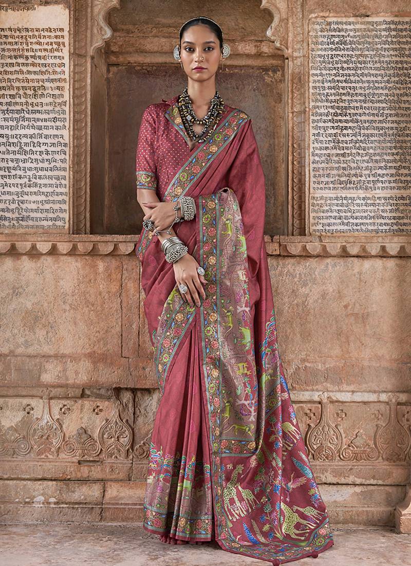Rust printed silk festival classic saree