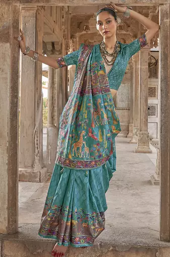 Turquoise printed silk festival classic saree