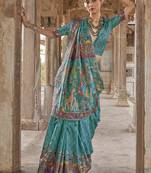 Turquoise printed silk festival classic saree