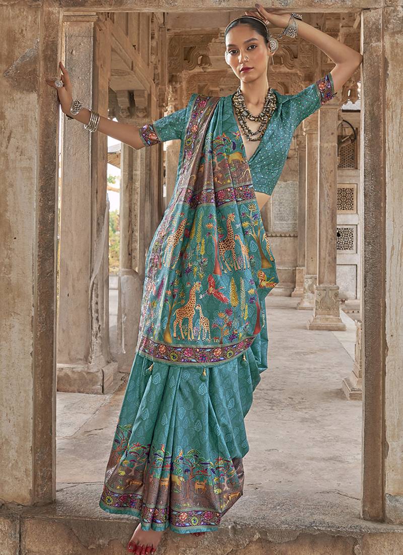 Turquoise printed silk festival classic saree