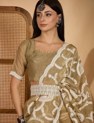 golden beige gold crush art silk embroidered saree with belt white thread work festive designer saree 4