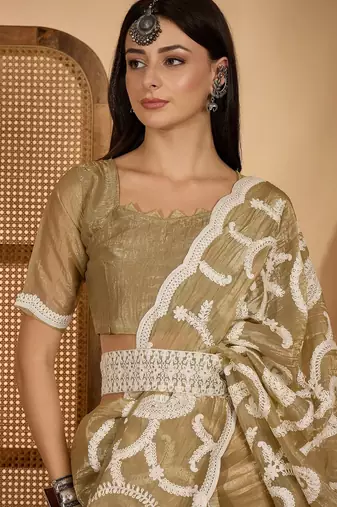 golden beige gold crush art silk embroidered saree with belt white thread work festive designer saree