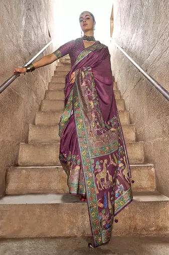 Purple printed silk festival classic saree