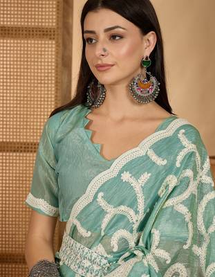 mint green gold crush art silk embroidered saree with belt white thread work designer festive saree 4