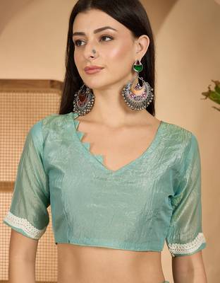 mint green gold crush art silk embroidered saree with belt white thread work designer festive saree 5