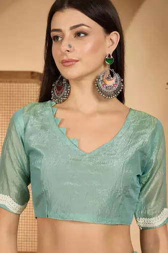 mint green gold crush art silk embroidered saree with belt white thread work designer festive saree