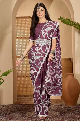grape purple gold crush art silk embroidered saree with belt white thread work festive designer saree