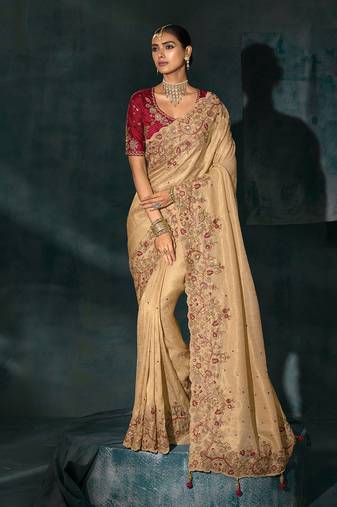 Beige embroidered silk blend contemporary saree for engagement